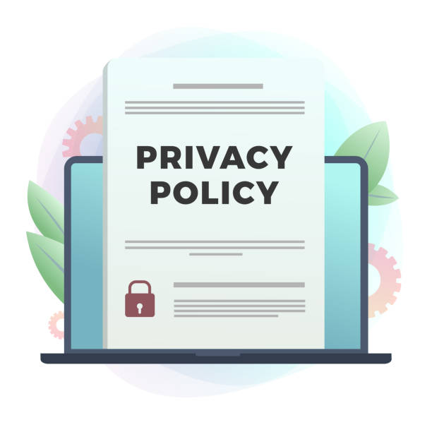 Privacy Policy - Security Data Access flat vector icon. Contract with protection information, shield icon on laptop. Cyber Security Business Internet Technology Concept isolated on white background.