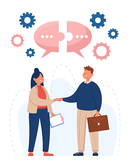 Business people shaking hands flat vector illustration. Man and woman making deal. Speech bubbles in form of jigsaw puzzle above. Cooperation, network, teamwork concept